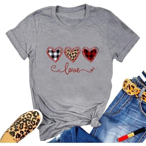 Women Fashion Casual Round Neck Short Sleeve Valentine day T-Shirt Solid Color Lovely Hearts Printing Daily All-match Shirt