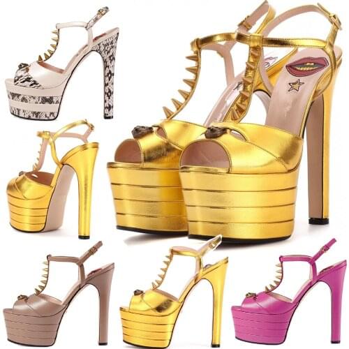 Women Chunky High Heels T Strap Rivet Sandals Sexy Peep Toe Evening Party Shoe Platform Popular Ball Summer Lady Sandals D-SL-3