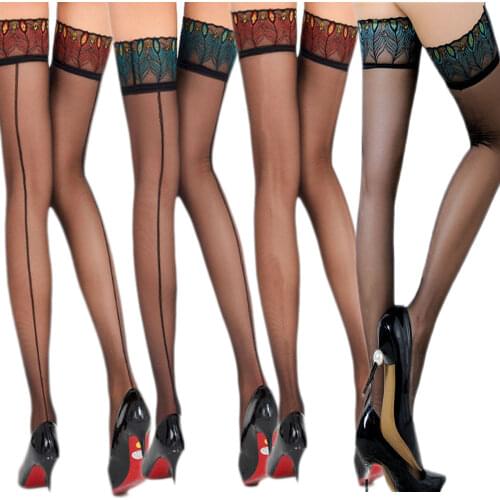 Womans Peacock feather Lace Temptation Elastic Thigh-High Fishnet Stockings With Satin Bow Silk Halloween Adult Cosplay