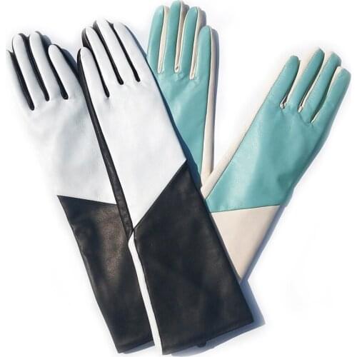 Custom made women 40cm long colorblock real leather gloves(choose two colors)