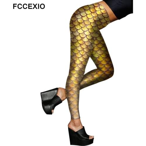 FCCEXIO Female Sexy Leggings 2019 New Shiny Mermaid Golden Fish Scale Digital Printed Leggings Stretch Smooth Fitness Jeggings