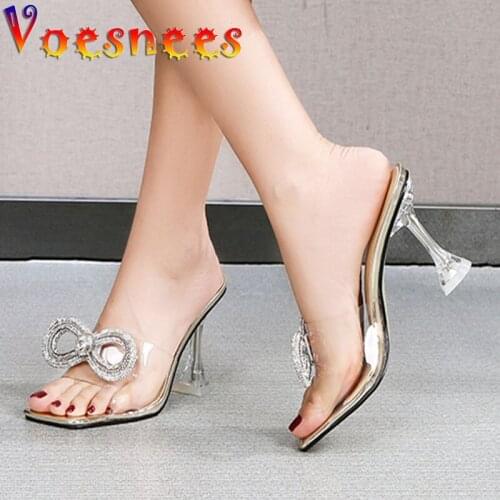 2021 Trendy New Transparent PVC Slippers Women Summer Shining Diamond Bow Crystal Sandals 9CM Comfortable Office High Heel Shoes