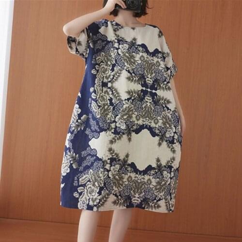 Oversized Women Cotton Linen Casual Dress New Arrival 2021 Summer Indie Folk Style Vintage Print Loose Female Long Dresses S3603