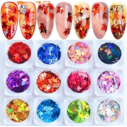 1 box with 12 styles of color laser maple leaf nail sequins Holographic Metallic Leaf Glitter Sequin Nail Art Patch Decoration