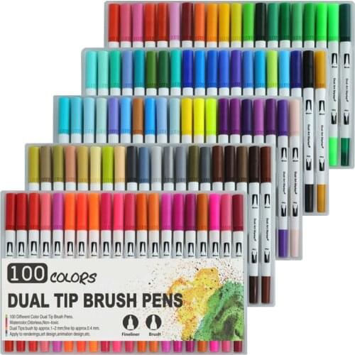 100 PCS Color Brush Marker Pens Dual Tip Colored Brush Pen 0.4 Fineliner Point Art Markers Set Drawing Manga Stationery Supplies