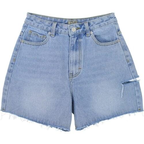 2021 NEW High waist loose 100%Cotton casual straight denim shorts women chic street riding side tattered five-point denim pants