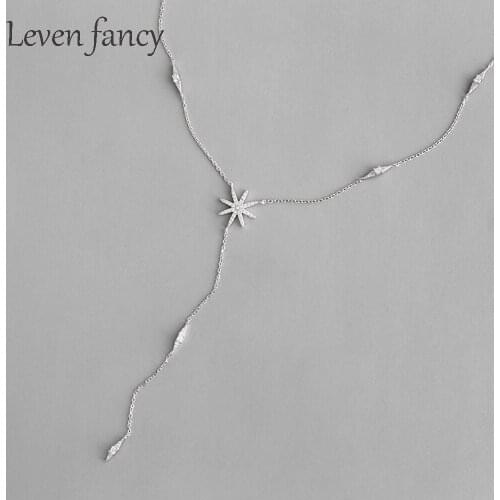 925 Sterling Silver Sun Flower Y Necklace Micro Paved Cz Zircon Stars Long Drop Necklace Wedding Jewelry Best Gift for Bridal