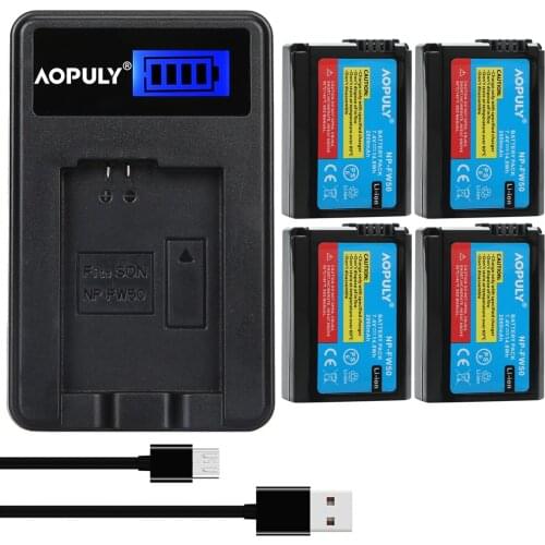 AOPULY 4Pcs NP-FW50 NP FW50 Battery + LCD USB Charger for SONY A5000 A5100 A7R A6000 5T 5C 3N A7 NEX6 NEX7 NEX5TL NEX5R NEX5N