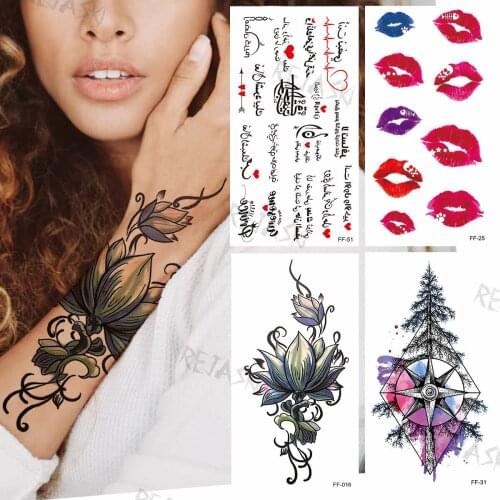 Watercolor Lotus Temporary Tattoos For Women Girls Realistic Lips Letter Compass Fake Tattoo Sticker Arm Body Tatoos Clavicle 3D