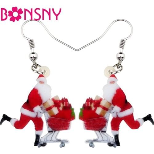 Bonsny Acrylic Merry Christmas Shopping Santa Claus Gift Earrings Drop Dangle Decoration Ornaments Jewelry For Women Girl Bijoux