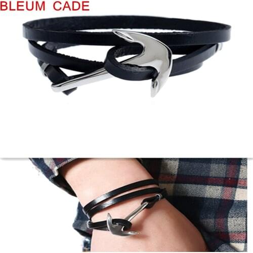 Stainless Steel Anchor Bracelet Retro Leather Rope Chain Wrap Bracelet Rock Men Trendy Jewelry 24.5Inch