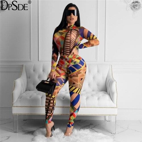 DPSDE Geometry Colorful Household Women Two Pieces Set Autumn Full Sleeve Streetwear Sexy Top New 2020 Bodycon Long Casual Pants