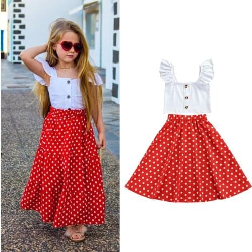 FOCUSNORM 1-6Y 2pcs Infant Kids Girls Clothes Sets Ruffles Sleeve Solid Button T Shirts+Polka Dot Printed A-Line Skirt