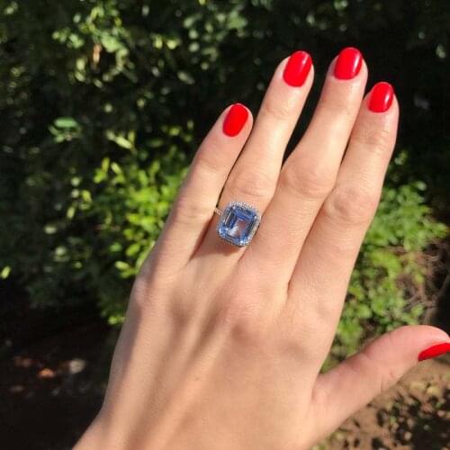 Exquisite Simple Rectangular Sky Blue / White Zircon Ring Fashion Luxury Ladies Ring Anniversary Engagement Jewelry Lover Gifts