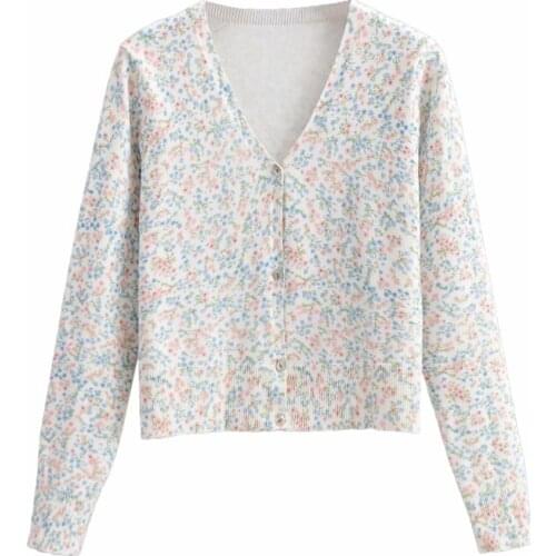 Women fashion French Style floral print Cardigan v-neck long sleeve knit top Female Casual Knitted Cardigan Coat 2021