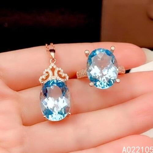 KJJEAXCMY fine jewelry 925 sterling silver inlaid Natural Sky blue topaz women noble exquisite oval gem pendant ring set support