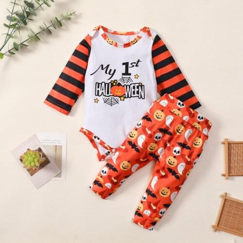 Newest Arrival Baby Toddler Halloween Long Sleeve Bodysuits+Pants Set Horizontal Stripes Pumpkin Print Spring Clothing Outfits