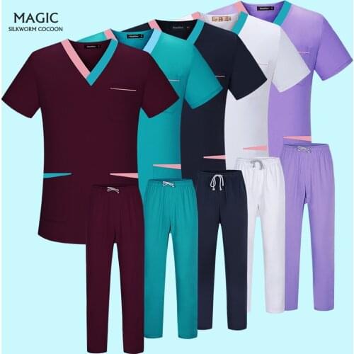 Short Sleeved Suits Lab Work Uniform Tops+pant Blocking Spa Uniform Wholesale Prices Health Workwear V-neck Color Costume Unisex