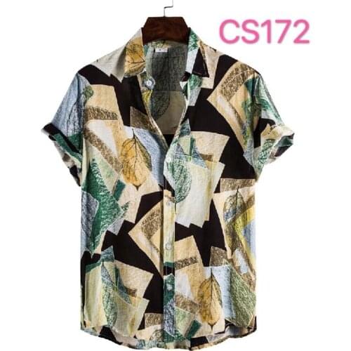 Summer Mens Shirt Ethnic Style Vintage Printing Short Sleeve Loose Korean Clothes Casual Turn-Down Collar Dress Shirts for Men