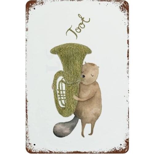 Metal Tin Sign Beaver Playing Tuba Wall Decor for Home, Cafe, Pub, Club and Cave, Metal Gift Idea for Men and Women