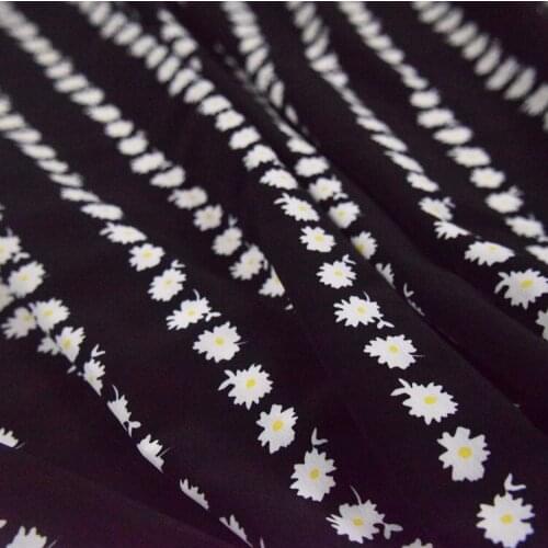 Fashion Black Bottom White Daisy Striped Floral Cracked Crepe Chiffon Fabric Dress Pants Womens Handmade DIY Fabric
