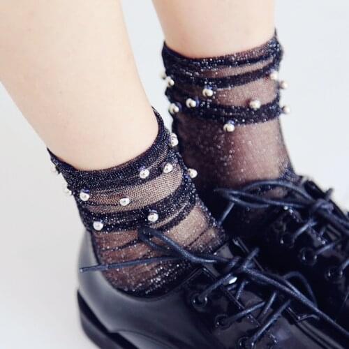 New High Quality Summer Stylish Trendy Fashion Modern Woman Girl Glitter Shiny Pearl Socks Mesh Thin Bead Gauze Transparent Sox