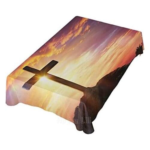 Easter Bunny Egg Cross At Sunset Tablecloth Wrinkle resistant Table Kitchen Party