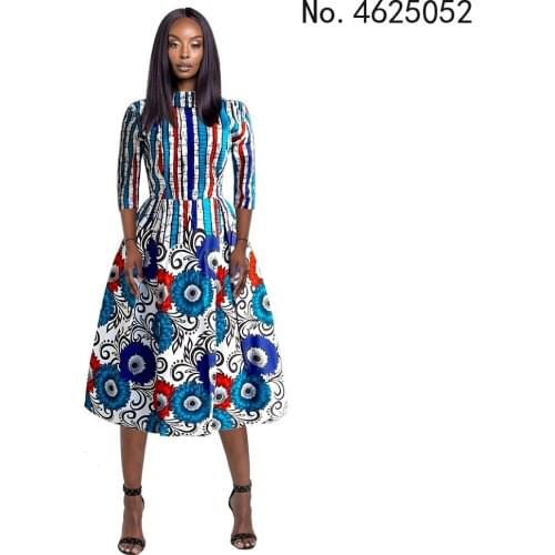 African Womens Digital Printed Back V-Neck Three-Quarter Sleeve Mid-Length Dress Kanga Ankara Dashiki Lady Clothing