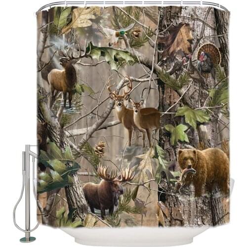Bird Bear Deer Elk Realtrees Real Tree Design Shower Curtains with Hooks Set ( Design 3)