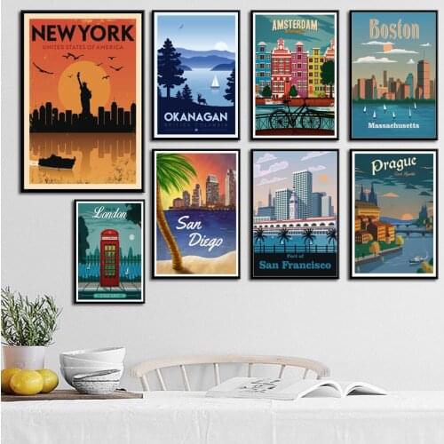 Retro Landscape Art Poster New York Moscow London Netherlands Travel City Canvas Painting Home Decoration Living Room Crafts