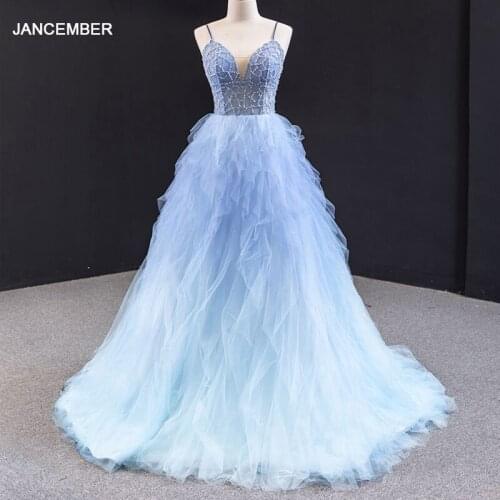 J66989 Jancember Blue A-Line Prom Dresses 2020 Elegant Spaghetti Strap With Sleeveless Beaded Backless