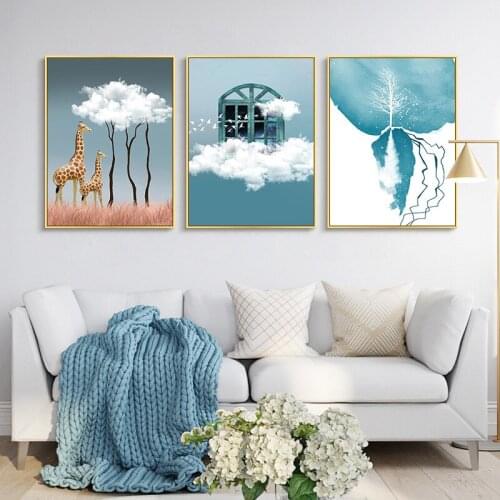 Modren Scenery Blue Sky White Cloud Cartoon Animal Giraffe Canvas Painting Wall Picture Elephant Poster Kids Room Decoration