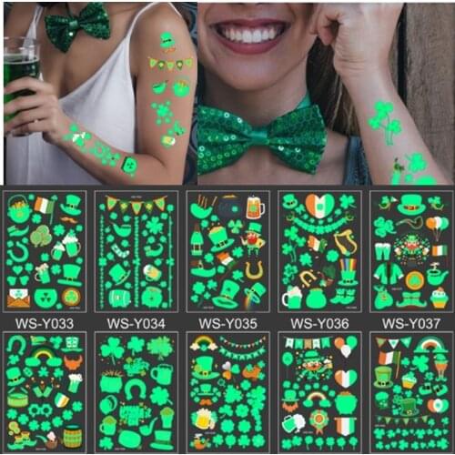 Luminous Tattoo Stickers Kids Temporary Fake Tattoos Irish Body Makeup Waterproof for St. Patrick Day Night Pary Children Women