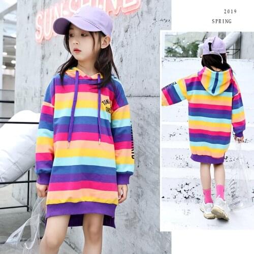 Teenage Kids Sweatshirt Autumn Rainbow Striped Hoodie Casual Sweatshirt for Girls Tops 12 Year Kids Outfits Children Clothe