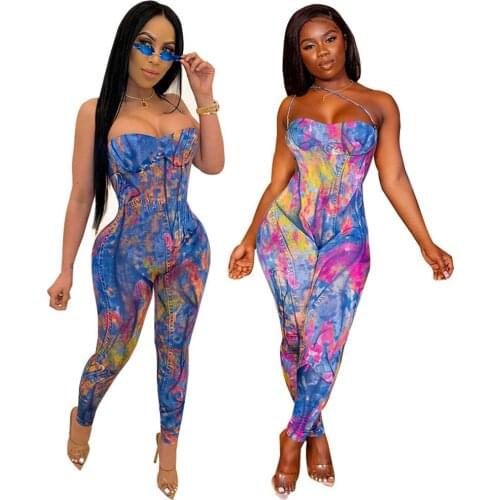 Tie Dye Colorful Denim Jumpsuit Jeans Women Romper Sexy Off Shoulder Strapless Backless Night Party Bodycon Overalls Clubwear