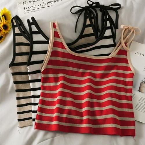 Heliar Women Drastring Stripes Tops Women Knit Crop Top Solid Cute Tank Tops Ribbed Basic Tops Spaghetti Camis Summer