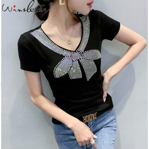Summer European Style Cotton T-Shirt Fashion V-Neck Shiny Diamonds Women Tops Short Sleeve Sexy Back All Match Tees 2021 T13615A