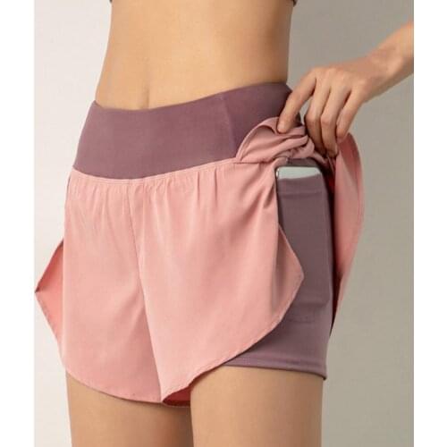 2021 Double Layer Running Shorts High Waist Women Side Pocket Wide Waistband Yoga Shorts Short Pants Workout Fitness Sportwear