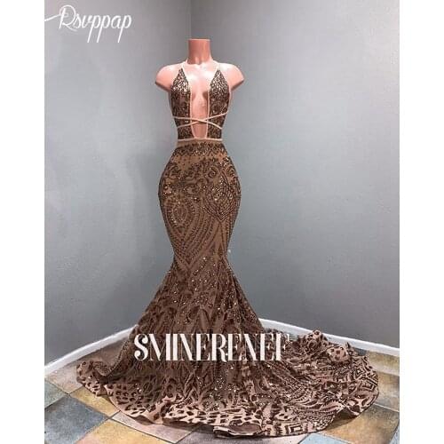 Gold Mermaid Long Prom Dresses 2021 Real Picture Sexy Deep V-neck Backless Sequin Afraican Black Girl Prom Dress