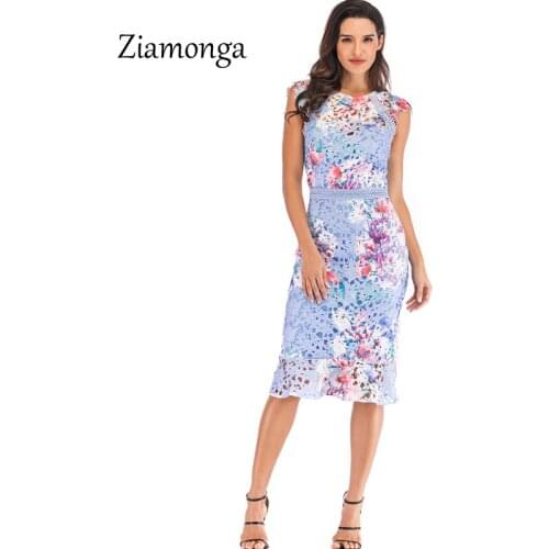 Ziamonga 2019 Summer Full Lace Vestidos Women O-Neck Sleeveless Knee Length Pencil Dress Elegant Office Bodycon Sexy Party Dress