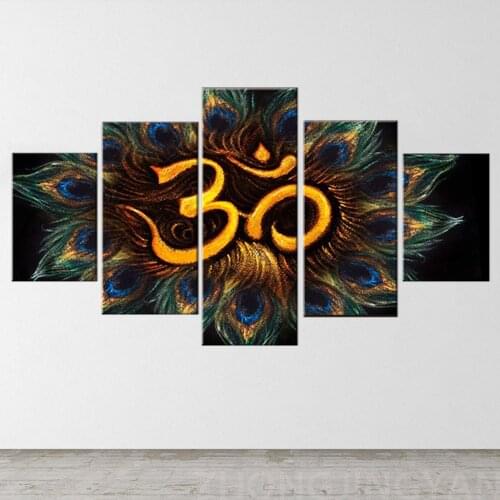 5 Piece Hinduism Canvas Wall Art Sanskrit Aum Picture Hindu Religion Symbol Artwork Black and White Painting Living Room Home De