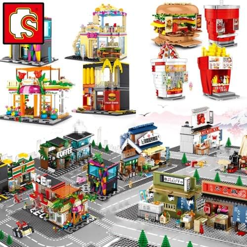 Sembo Blocks Mini Street Ice Retail shops sets house building hamburger restaurant creative city architecture kits pet store