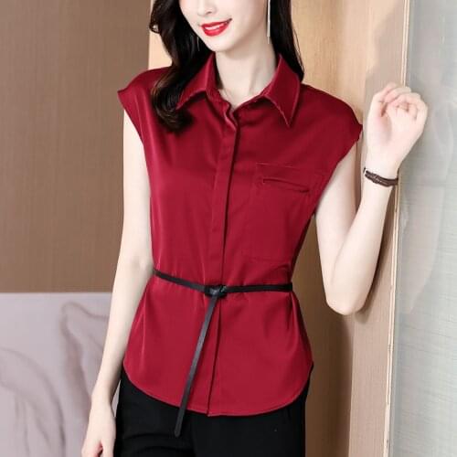 2021 Summer Fashion Womens Blouse Satin Silk Sashes Solid Top Shirt Polo-Neck Sleeveless Basic Niche Women Tops and Blouses