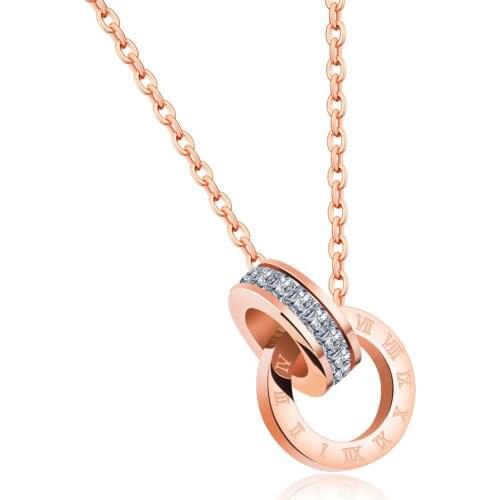 FATE LOVE Brand necklace women fashion statement Circle pendant girl party jewelry stainless steel chain rose gold color CZ