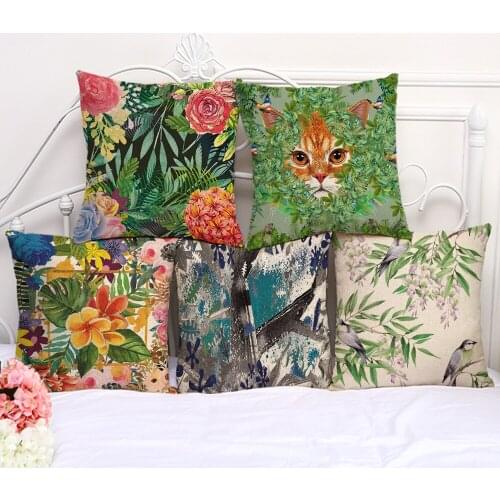 Decorative Pillow Cushion Case Cat Leaf Bird Pillowcase 17.5 Inch Cotton Linen Chair Seat Throw Pillow Cover P1070