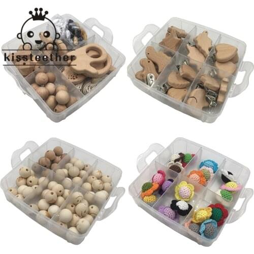 DIY Baby Teething Necklace 4 Boxed Beech Wooden Animal Teether Hexagon Beads Pacifier Clip Crochet Flower Printed Crown Beads