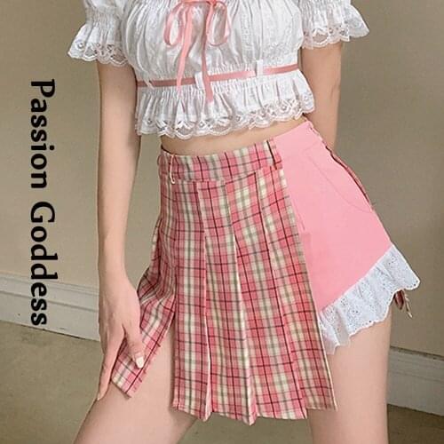Cute Women Lace Irregular Pleated Skirts Harajuku Lace Plaid Stitching Lolita Skirts Female Sweet Black Pink Pleated Skirt Mujer