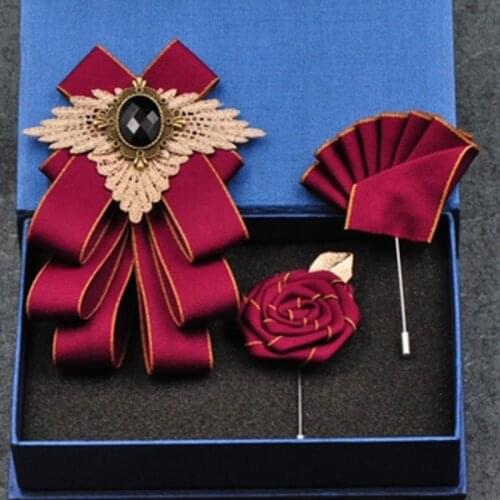 Fashion New Casual Multilayer Bowtie Diamond Brooch Rhinestone Red Bow Tie Brooch Set Wedding Groom Groomsmen Pocket Square Men