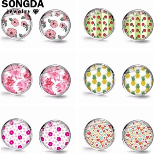 SONGDA Fashion Cute Small Earrings Hand Craft Mini Flowers Wave Point Glass Art Picture Round Ear Studs for Girls Women Jewelry