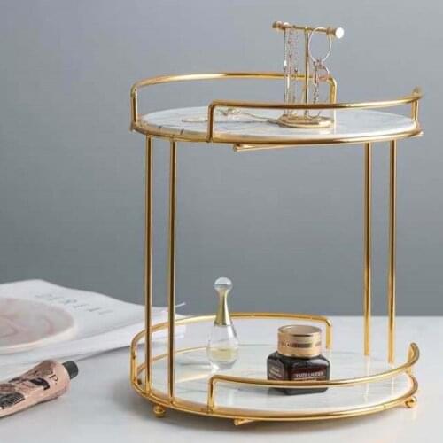 Marble Texture Double Layer Makeup Stand Home Golden Metal Wrought Iron Decorative Trays Dressing Table Cosmetic Display Rack